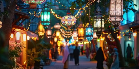 Colorful Islamic lamps hanging in the streets for Ramadan Kareem fasting month. Colorful Eid decorations adorning homes and streets, including lanterns, banners, and lights.