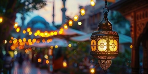Colorful Islamic lamps hanging in the streets for Ramadan Kareem fasting month. Colorful Eid...
