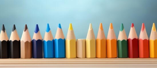 Colorful assortment of pencils in a variety of hues neatly lined up on a wooden table