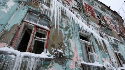 Fototapeta na wymiar Icicles hang precariously from the shattered windows of a deserted house its walls sagging under the weight of accumulated snow.