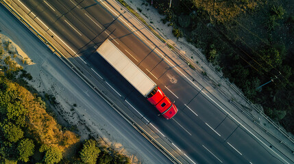 Aerial View of Red Logistic Truck on Highway in Lush Environment - obrazy, fototapety, plakaty
