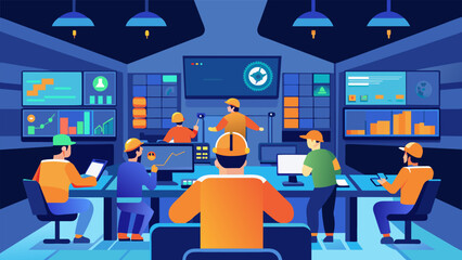 A brightly lit control room where engineers and technicians oversee the deployment and maintenance of secure network architectures using - obrazy, fototapety, plakaty