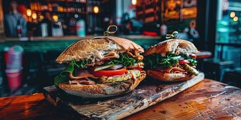 Photo of a delicious deli sandwich packed with meat and vegetables