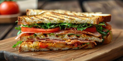 Photo of a delicious deli sandwich packed with meat and vegetables