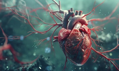 Illustration depicting clogged arteries in the human heart, explained scientifically in 3D - obrazy, fototapety, plakaty