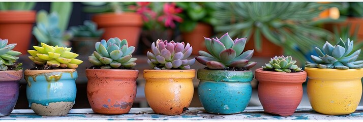 Succulent plants in colorful pots on a shelf - obrazy, fototapety, plakaty