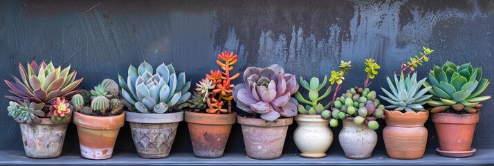 Succulent plants in colorful pots on a shelf - Powered by Adobe