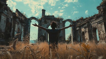 A figure stands with arms outstretched face turned towards the sky as they take in the vastness of the ruins surrounding . . - Powered by Adobe
