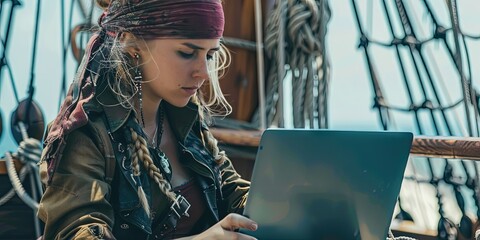 Female pirate using laptop