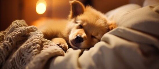 A cozy fluffy dog peacefully asleep on a comfortable bed covered with a soft blanket