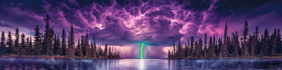Panoramic fantasy landscape with electrified purple clouds over a tranquil lake, evoking a mystical and dramatic atmosphere