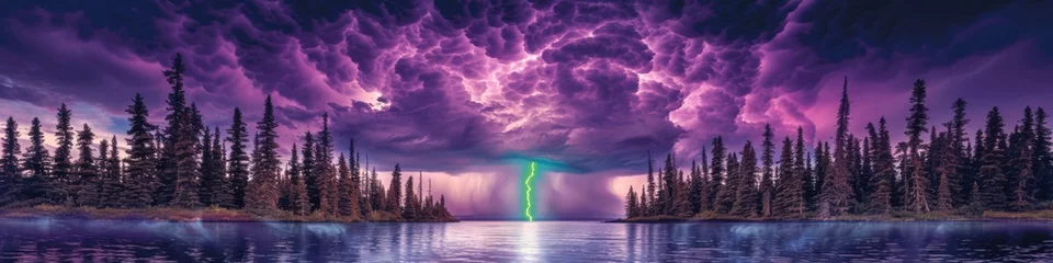 Foto op Plexiglas Panoramic fantasy landscape with electrified purple clouds over a tranquil lake, evoking a mystical and dramatic atmosphere © Ross