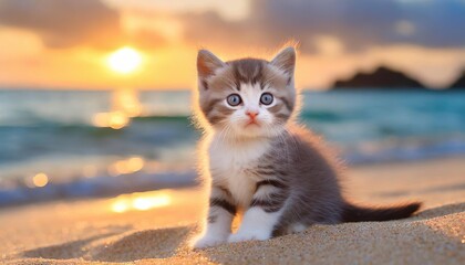 Adorable baby kitten sitting on the beach at sunrise