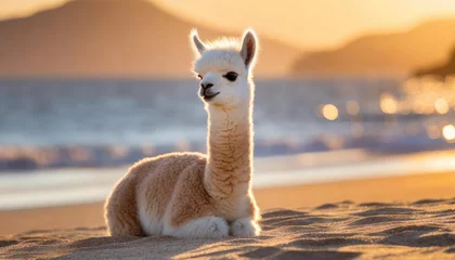 Fotobehang Adorable baby llama sitting on the beach at sunrise © Brian
