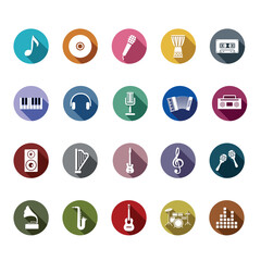 Set of Music icons with long shadow flat vector isolated on white background. Element for music concept. Symbol for web