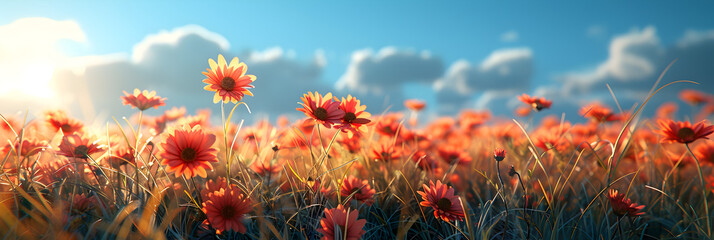 grass in the sunset,
Blooming Red Daisy Flowers in a Meadow with Gree