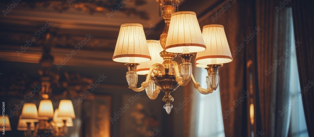 Poster an intricate and elegant chandelier is shown up close, adorned with a multitude of bright lights, cr