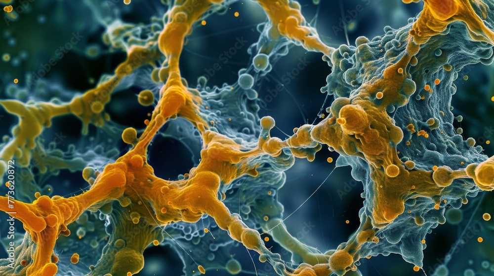 Poster a highresolution image of the extracellular matrix of a biofilm showcasing its mazelike structure wi