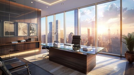 An ultra-modern workspace with a sleek glass-top desk, state-of-the-art technology, and panoramic views of a bustling cityscape through floor-to-ceiling windows