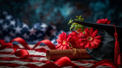 A black graduation cap and diploma with  flowers against an American flag backdrop. Graduation concept