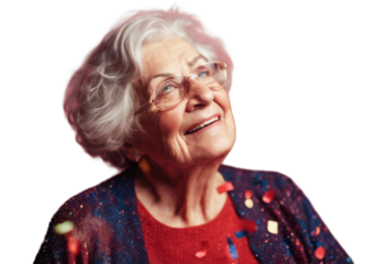 confetti woman studio senior red Party Portrait concept. background. old elderly retired pensioner 1 female adult person model caucasian shot beauty background grey casual