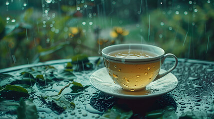cup of tea in rain , generative ai - obrazy, fototapety, plakaty