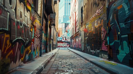 A sprawling largerthanlife graffiti piece covers an entire alleyway depicting a sprawling cityscape with a blend of realistic and abstract elements. - obrazy, fototapety, plakaty