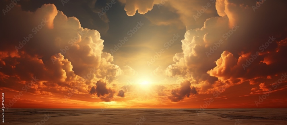 Poster a mesmerizing scene of the sun setting over a seemingly endless ocean, the sky adorned with fluffy c