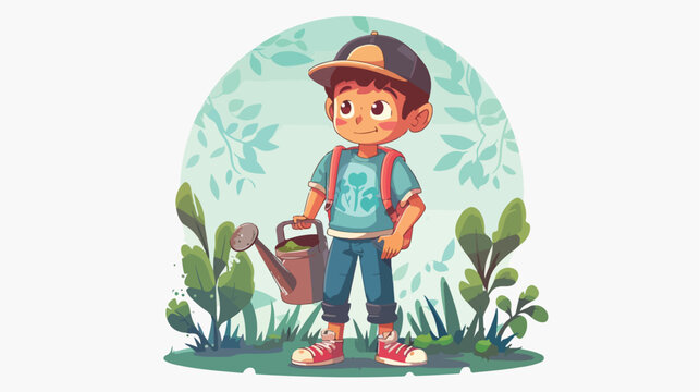 Boy with watering can on round background illustrat