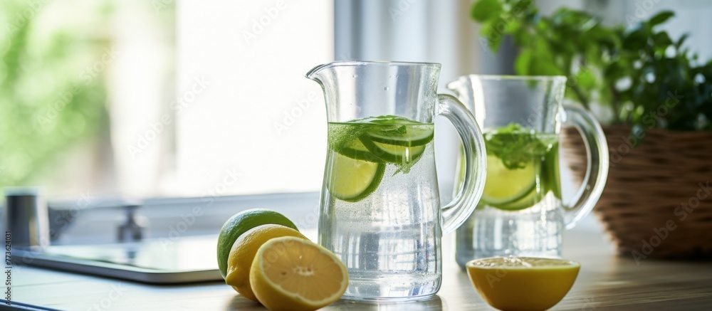 Poster Three clear pitchers are filled to the brim with refreshing water and garnished with slices of lemons and limes, creating a vibrant and thirst-quenching display