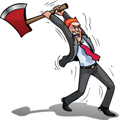 illustration of a  angry businessman holding axe on isolated white background 