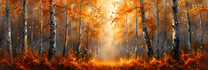 sunset in the lake,
Abstract Beauty of Autumn Season Woods with Tall Trees - obrazy, fototapety, plakaty