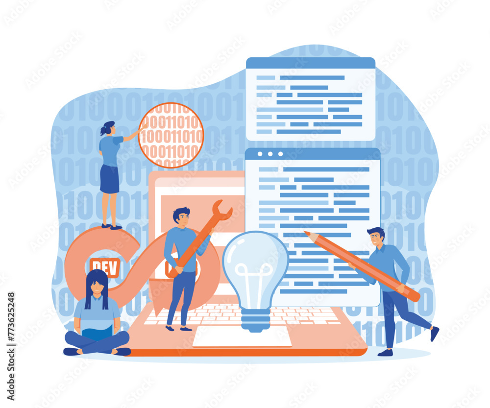 Poster devops software, team of programmer, development and operations. flat vector modern illustration
