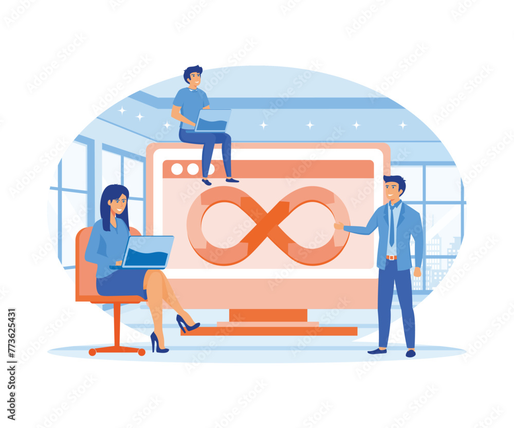 Poster devops developer concept. technical support teams work together to build software engineering system
