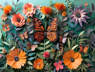 Fotobehang Construct an intricate paper cut design for a flower show advertisement, with a variety of blooms, butterflies, and garden scenes © ruslee