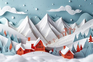 Craft a cozy paper cut scene for a winter ski resort advertisement, with snowy mountains, ski lifts, and warm cabins - obrazy, fototapety, plakaty