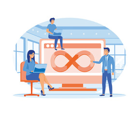 DevOps Developer Concept. Technical support teams work together to build software engineering systems. flat vector modern illustration