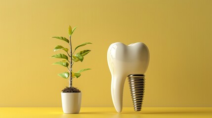 Dental implants concept visualized with relevant imagery on a yellow background, focusing on the innovation in dental solutions, - obrazy, fototapety, plakaty