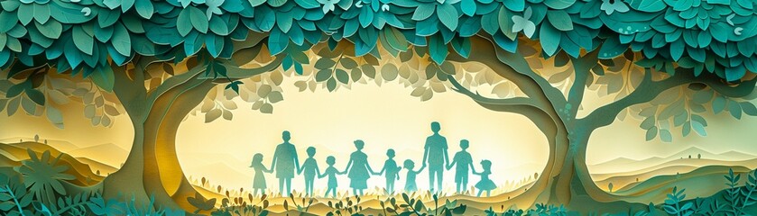 Design a heartwarming paper cut advertisement for a family reunion event, featuring a tree with family members as leaves