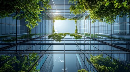 Eco-office buildings with greenery, reflective glass, low angle, clear skies, detailed 3D model, super detailed
