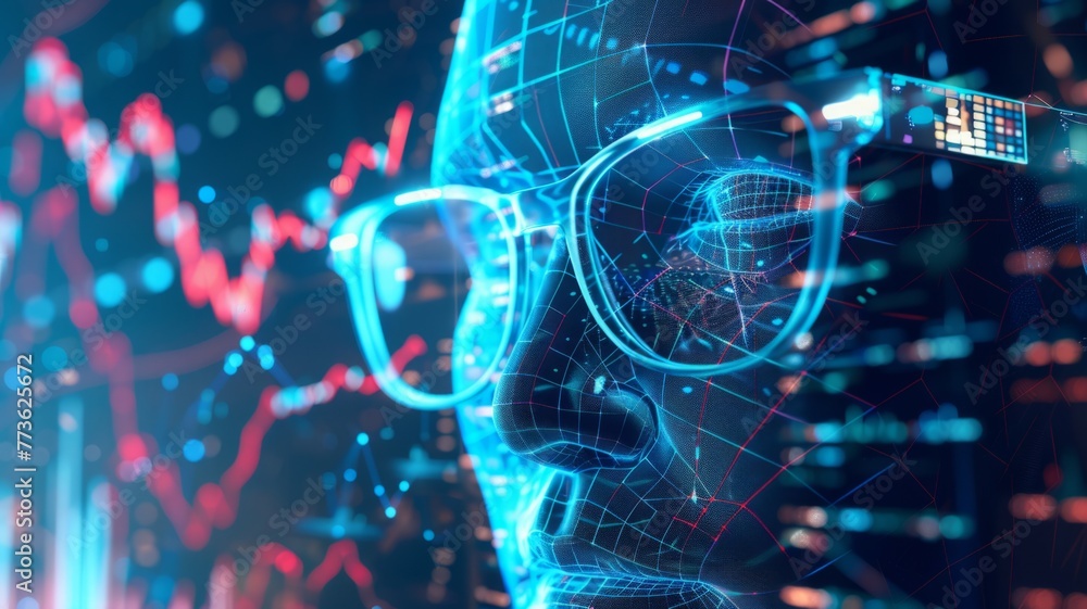 Poster futuristic vision technology concept - digital representation of a person with smart glasses overlay