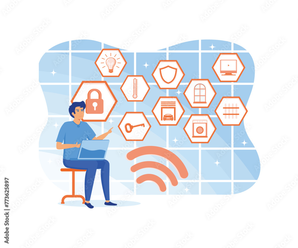 Poster bearded man with smartphone with smart home control function. home technology system with smartphone