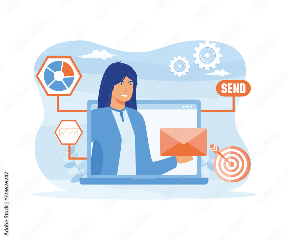 Aufkleber email marketing, mailing service concept. manager sending message via a marketing automation system.