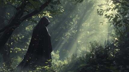 A mysterious hooded figure stands at the edge of the glade their face hidden as they observe the reunion with a sense of caution. . . - obrazy, fototapety, plakaty
