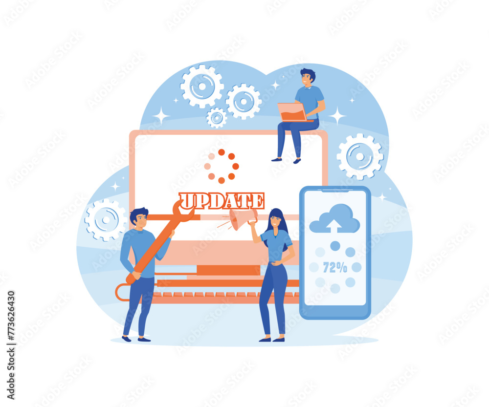 Poster system updates with people updating operation in computing and installation programs. flat vector mo