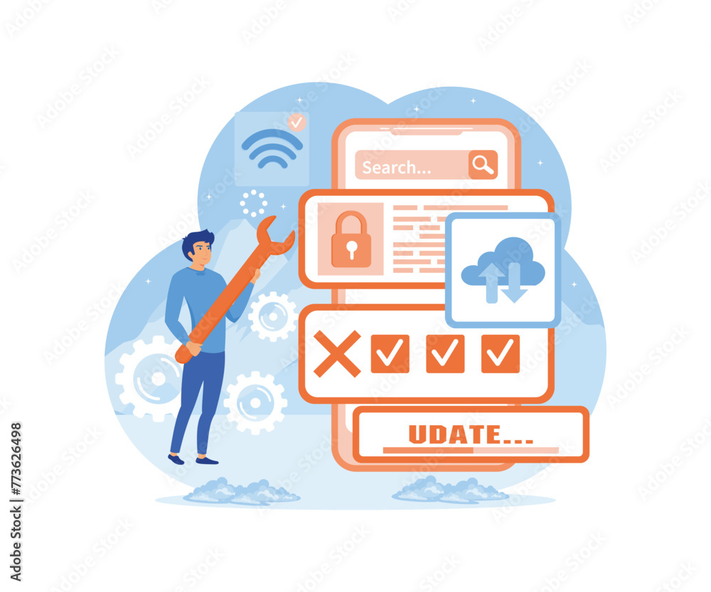 Poster update software, system maintenance, update process, install software, operating system concept. fla