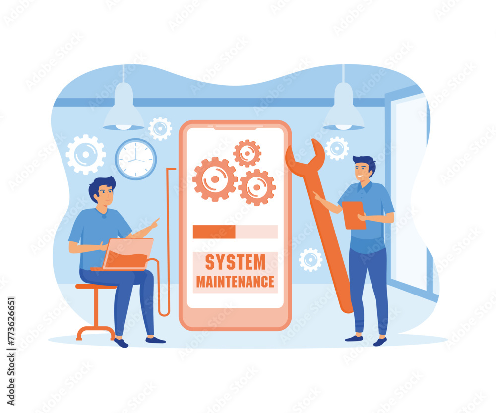 Poster system maintenance concept. update program and application, technology. flat vector modern illustrat