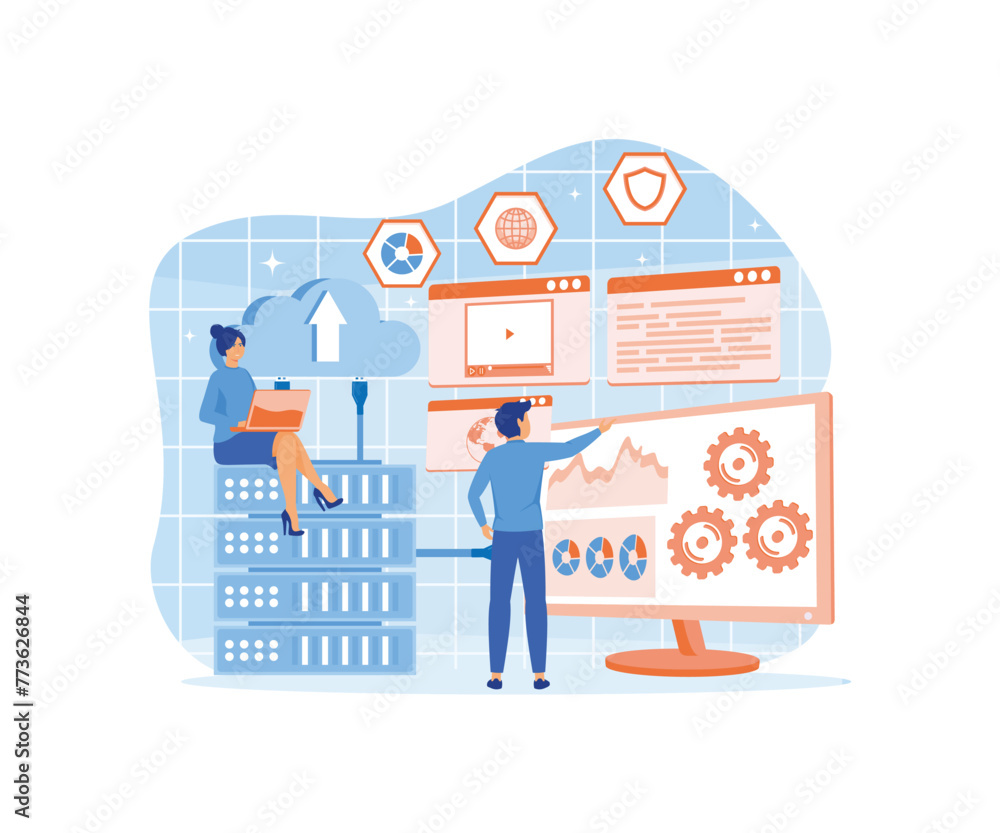 Poster hosting provider web design concept. hosting engineers work scene. website hosting service compositi