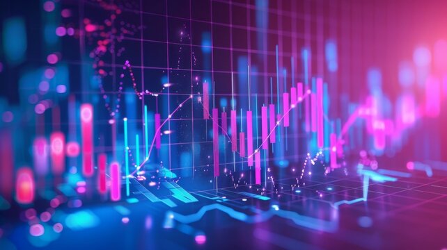 Futuristic Stock Market Graph in 3D - Abstract 3D financial chart with uptrend line graph and stock numbers in a futuristic style.
