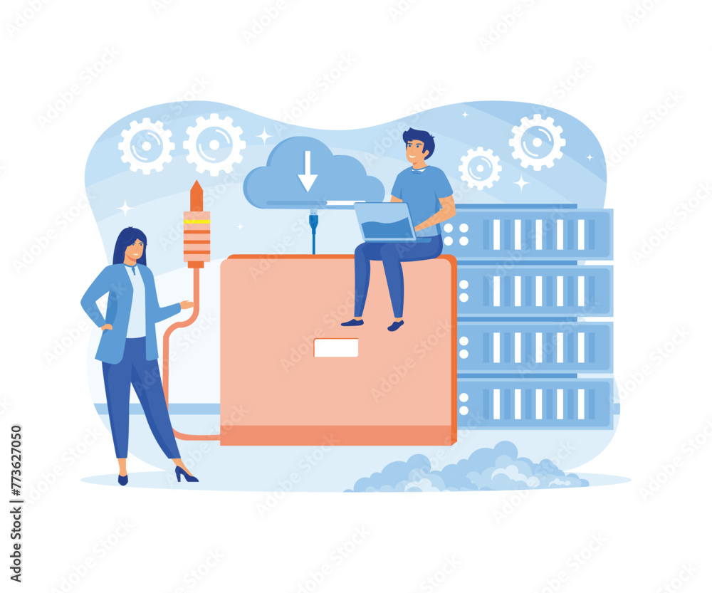 Poster system administrator. people working on computer and doing technical work with server. flat vector m